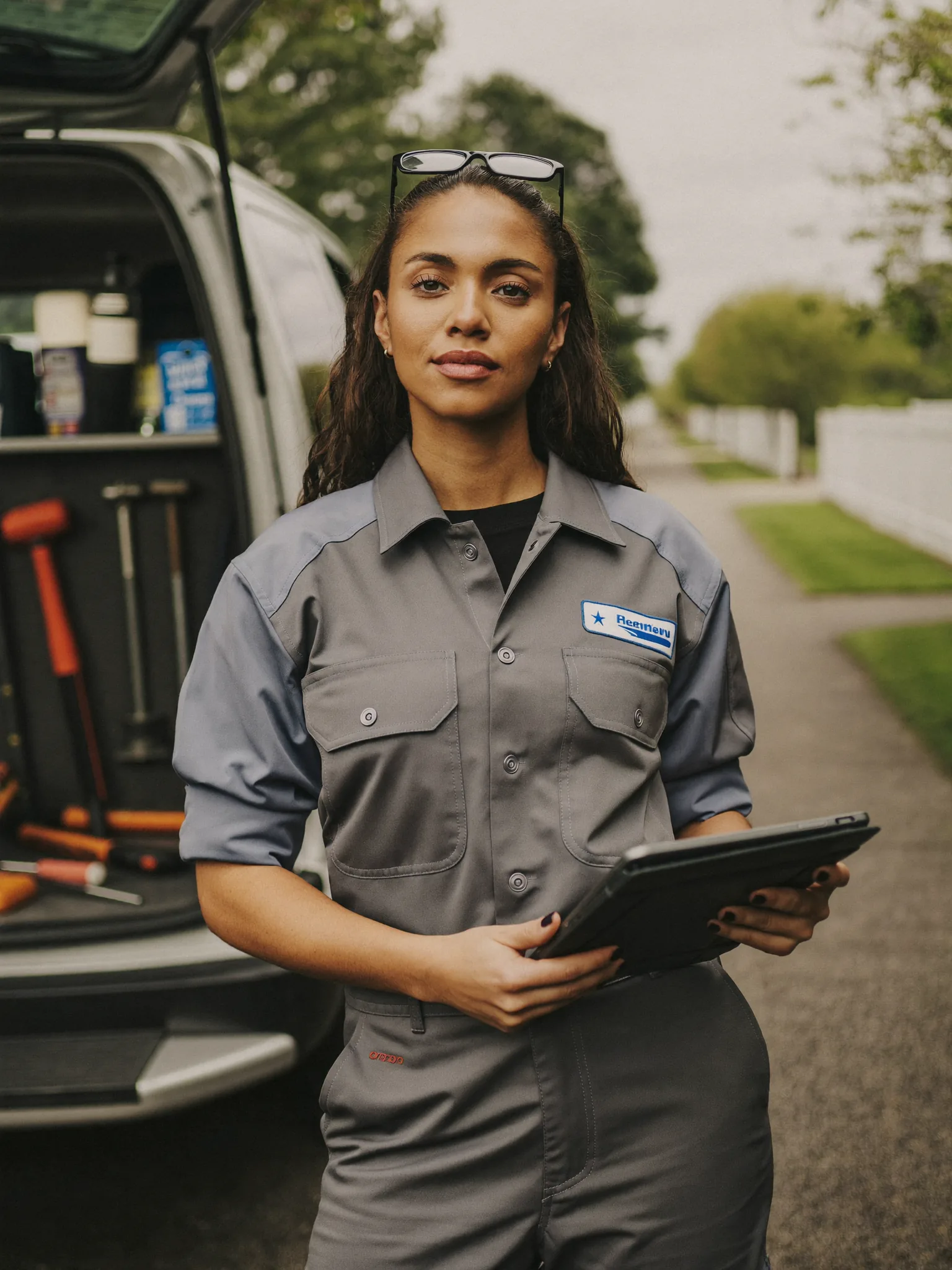 An HVAC service technician beside an open service van holding a rugged tablet