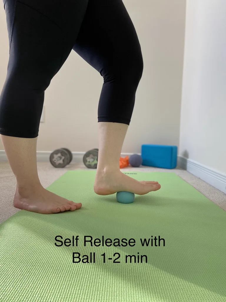 Self release of the plantar fascia with a ball, one to two minutes