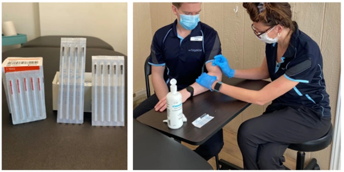 A physiotherapist preparing dry needling equipment