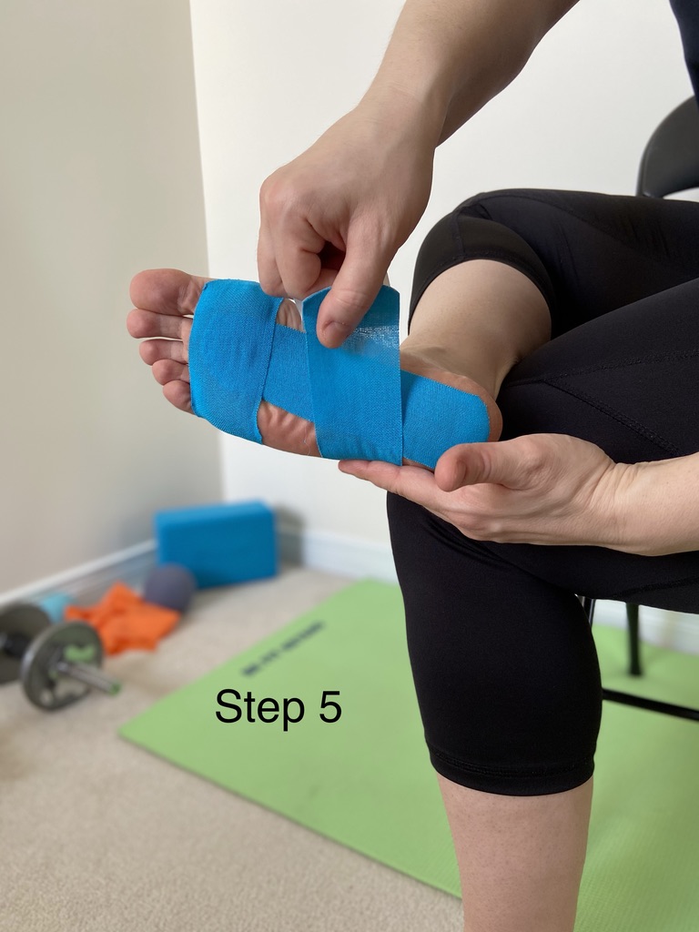 Applying the second anchor strip from the outside of the foot