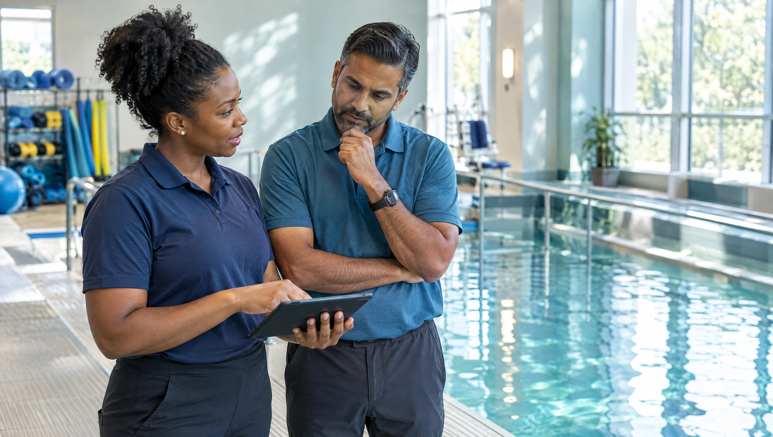 LiquidGym's multidisciplinary clinical team beside the indoor therapy pool