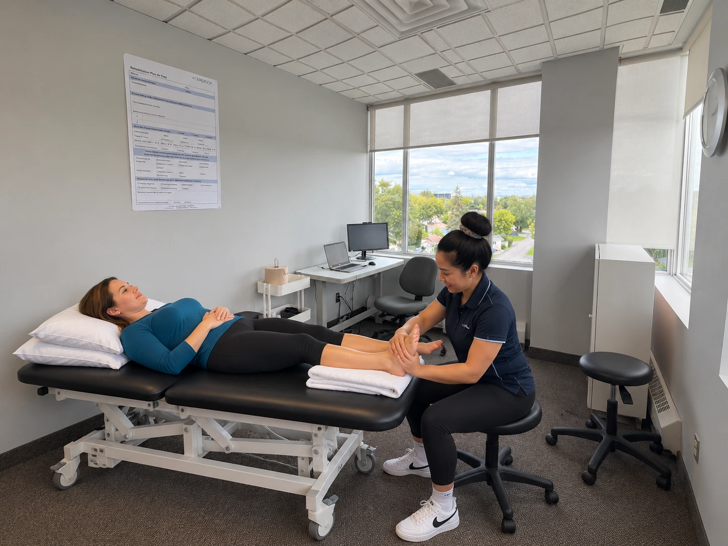 A physiotherapist treating a patient's foot on a treatment bed