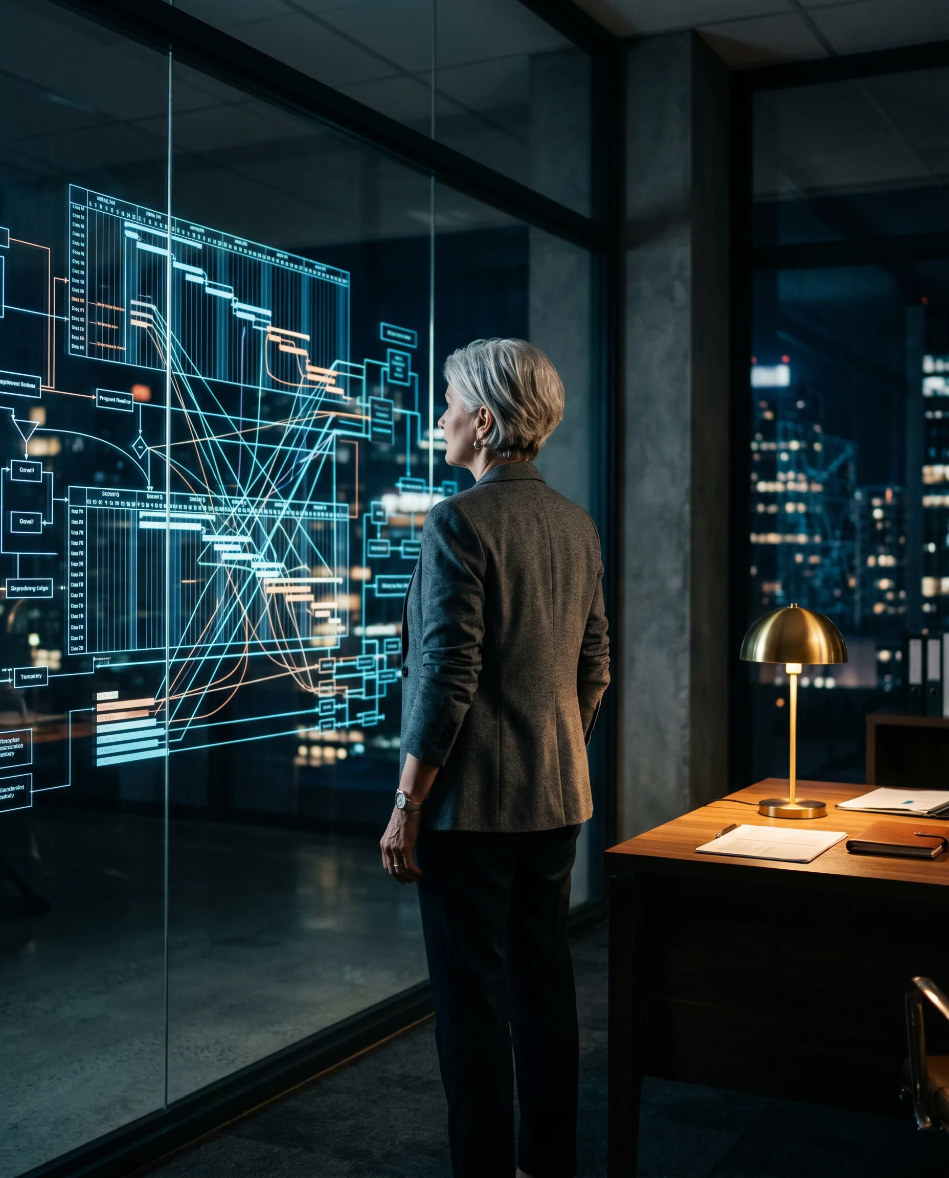 A senior delivery leader viewing a wall of tangled project timelines and dependencies in a dark office