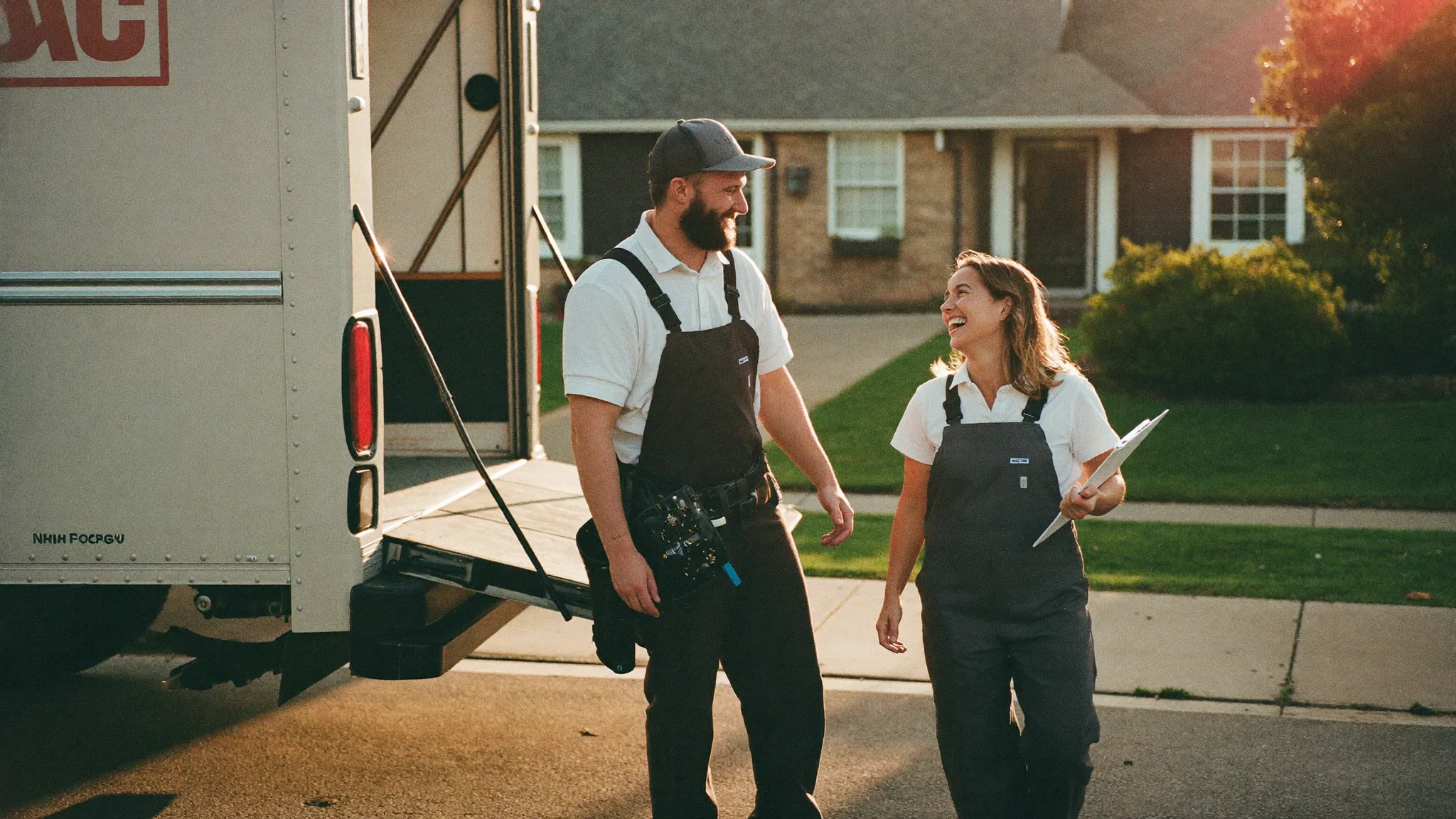Two HVAC contractors laughing beside a truck tailgate at the end of a workday