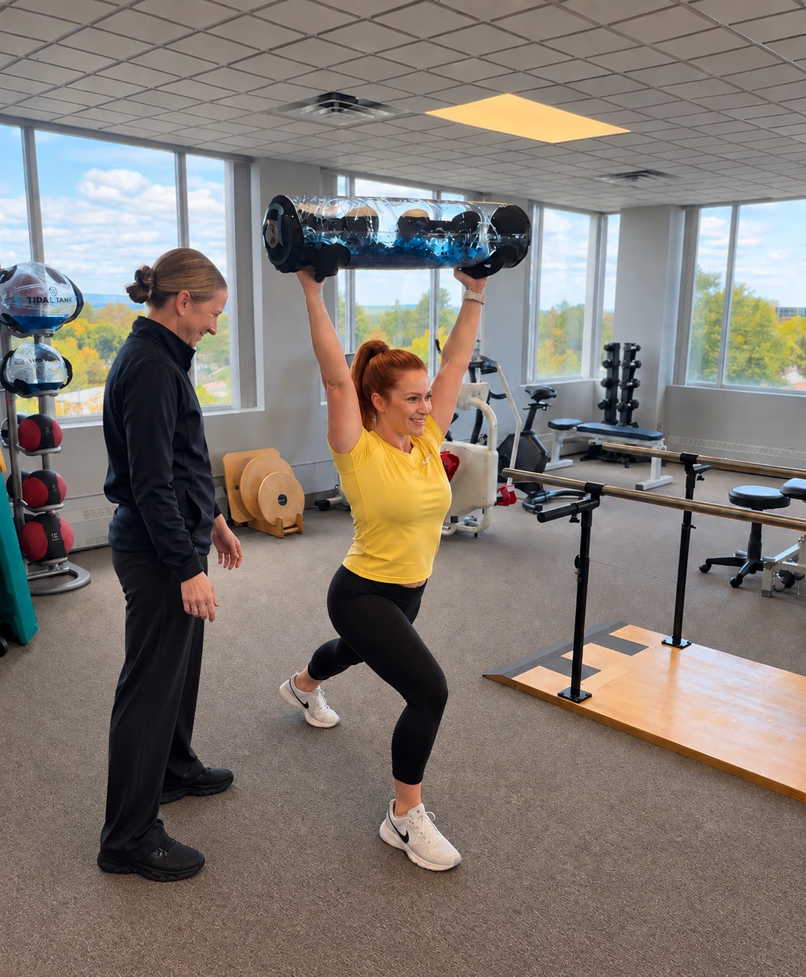 A kinesiologist guiding a veteran through an overhead lift on land