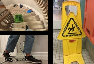 A wet floor caution sign in a hallway