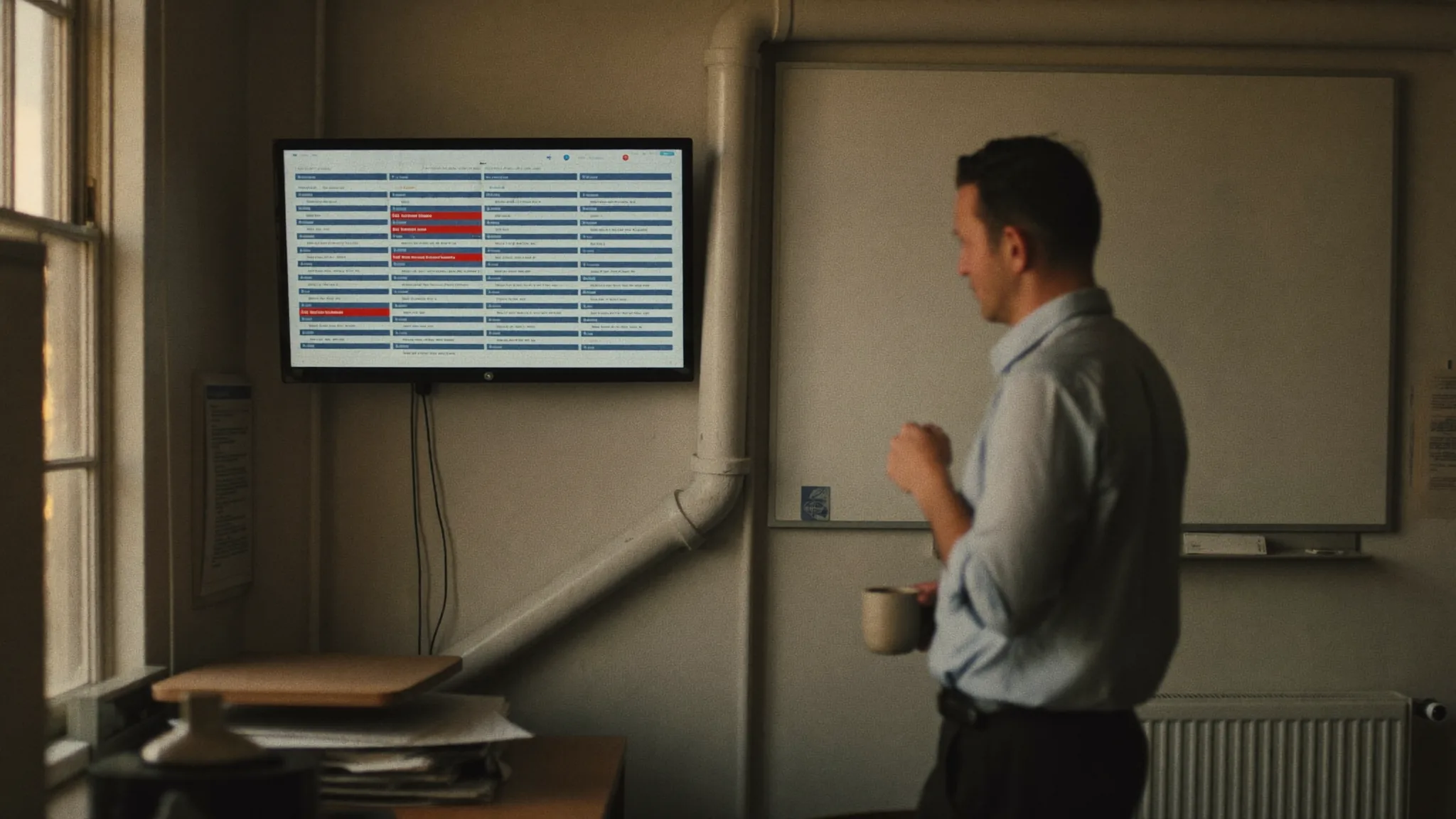 A plumbing owner in his back office reading a wall mounted dispatch board with a coffee mug