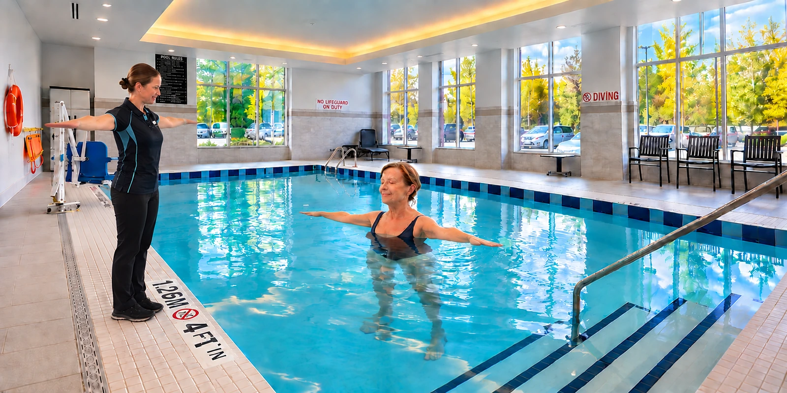 A therapist guiding paced movement in the therapy pool