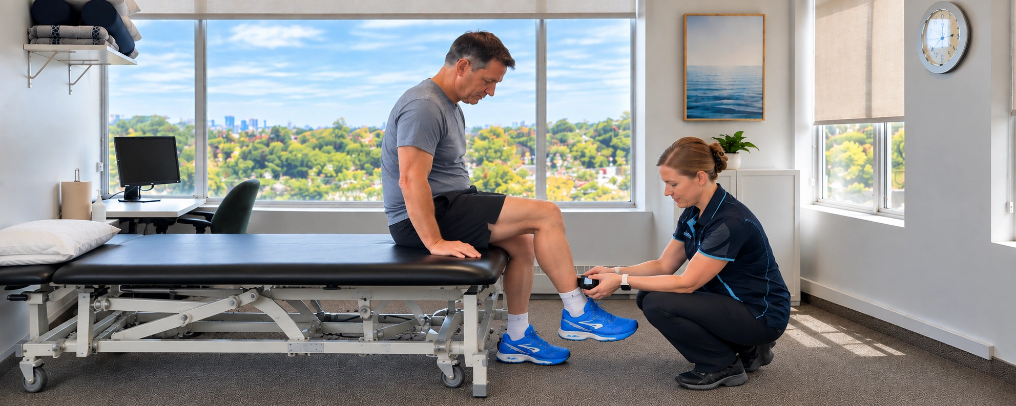 A physiotherapist assessing a patient's ankle at the LiquidGym clinic