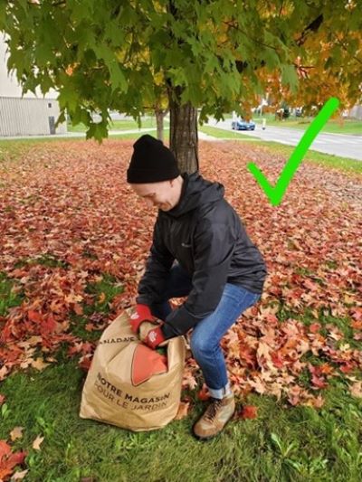 Lifting a leaf bag by bending the knees and hips with a straight back