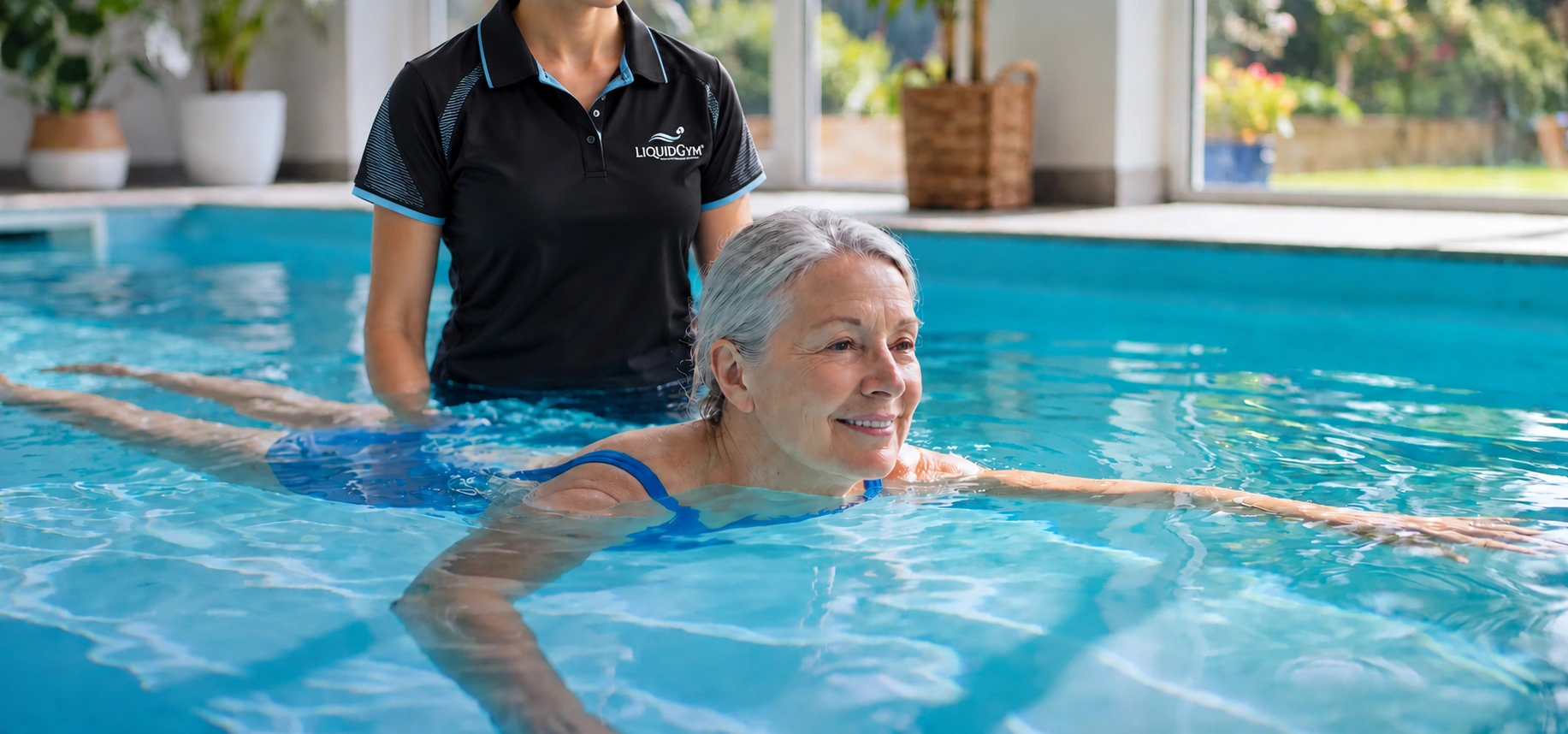 A therapist guiding an older adult through gentle movement in the therapy pool