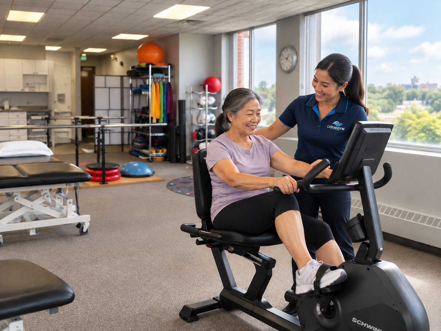 A patient on a recumbent bike with a therapist after joint replacement surgery