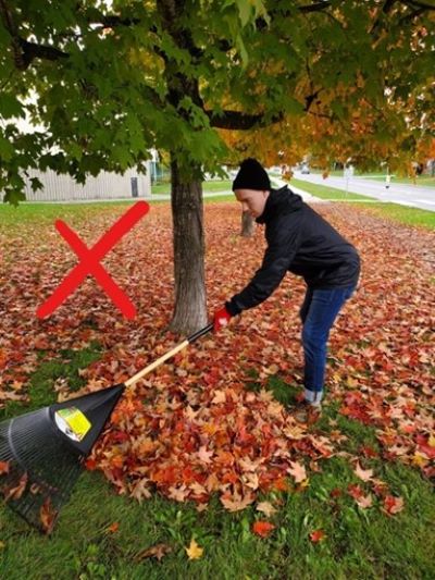 Reaching far out with the rake and bending at the waist - what not to do
