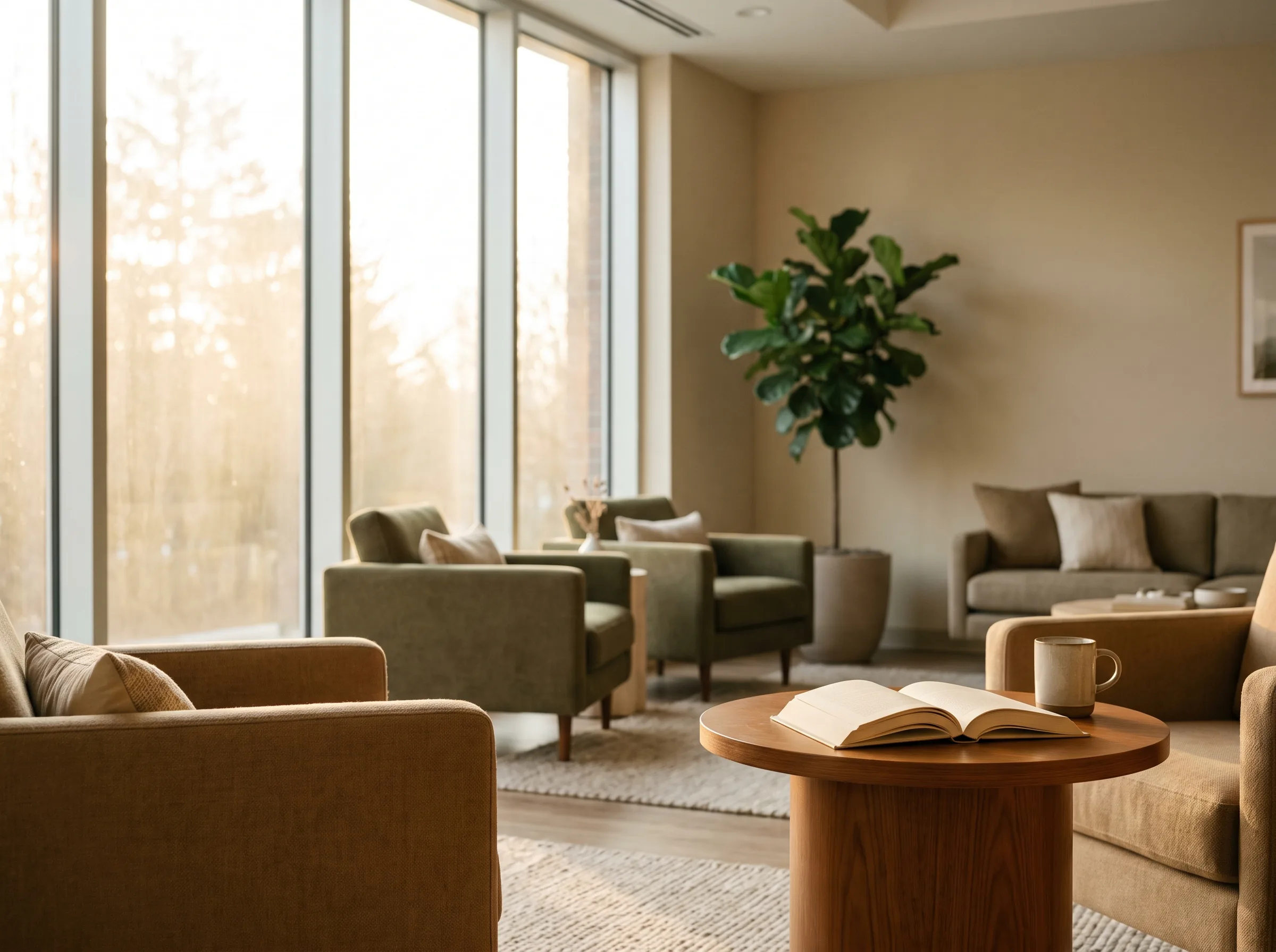 A bright, elegantly appointed independent living common area at morning hour