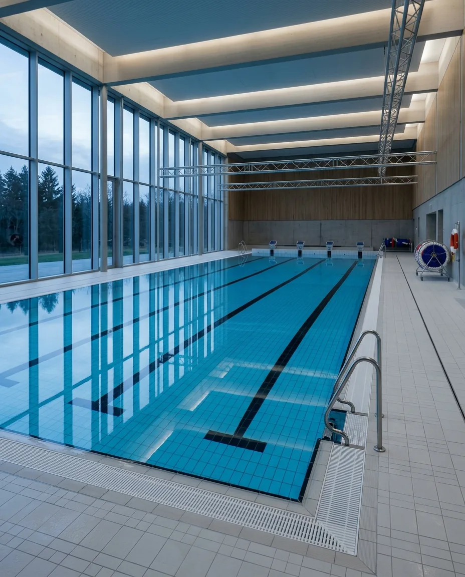 An empty community pool at first light — the water a clinic can use without owning it