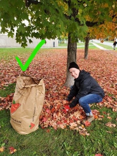 Squatting down to fill a leaf bag, keeping the back upright