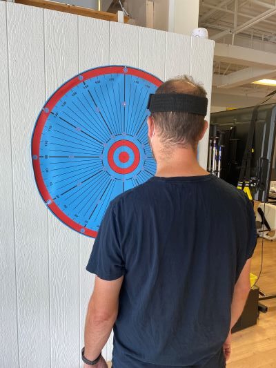 A balance exercise during a vestibular rehabilitation session