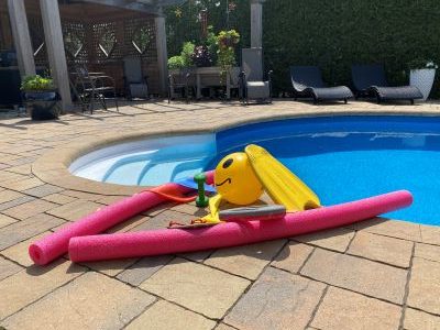 Pool noodles, paddles and a kickboard at the edge of a backyard pool