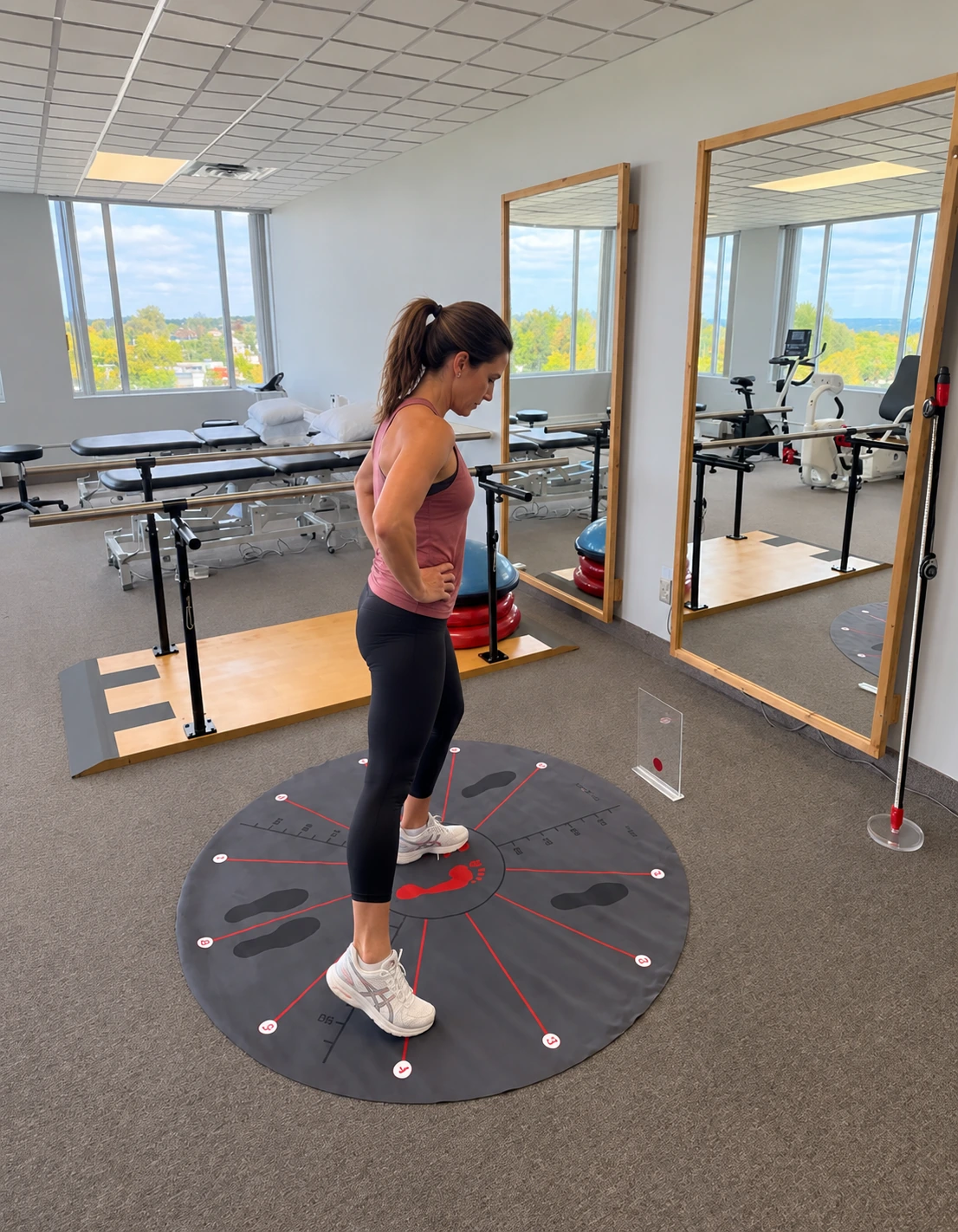 A patient standing on a foot-placement mat during a movement assessment