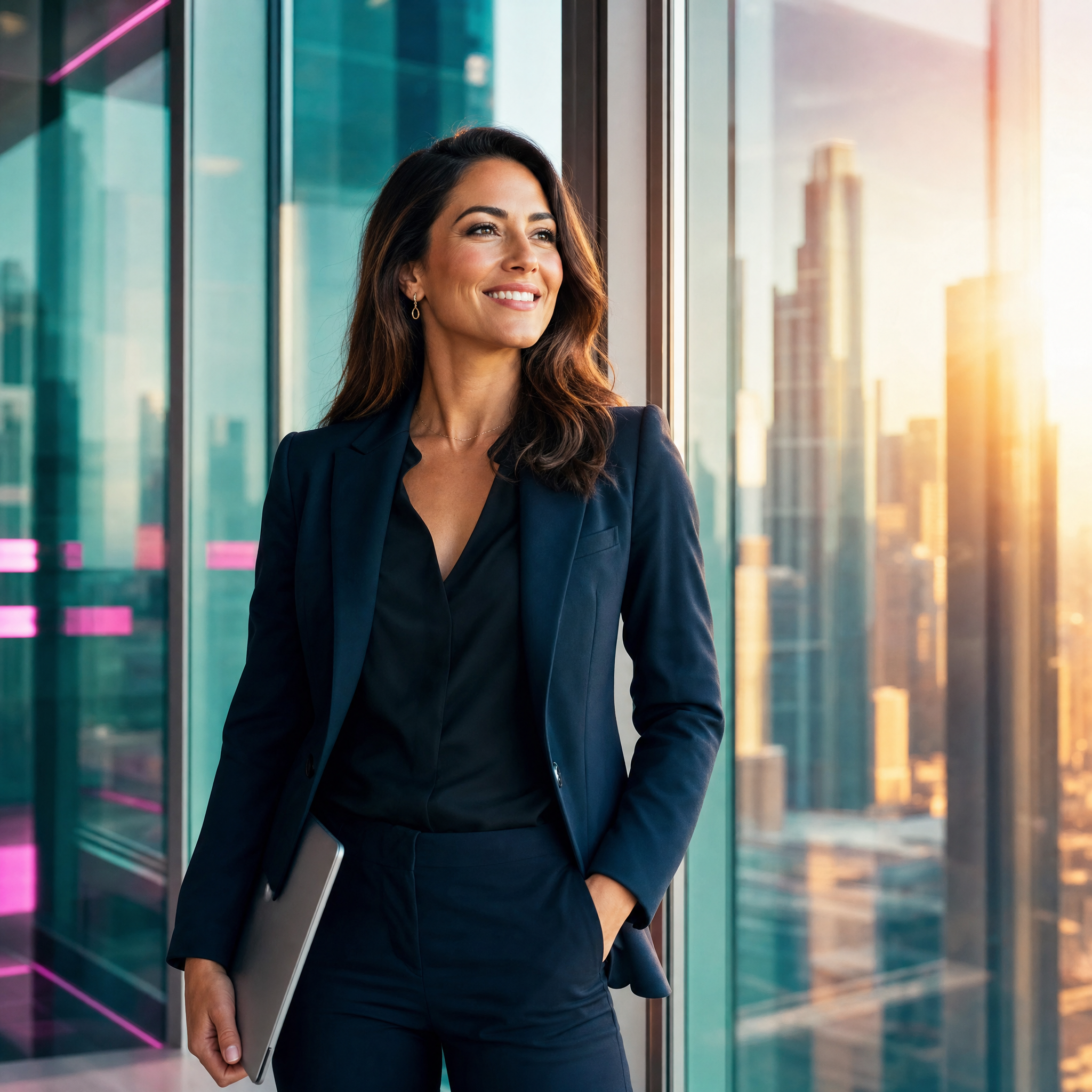 Confident executive with a laptop by floor-to-ceiling windows over a city skyline