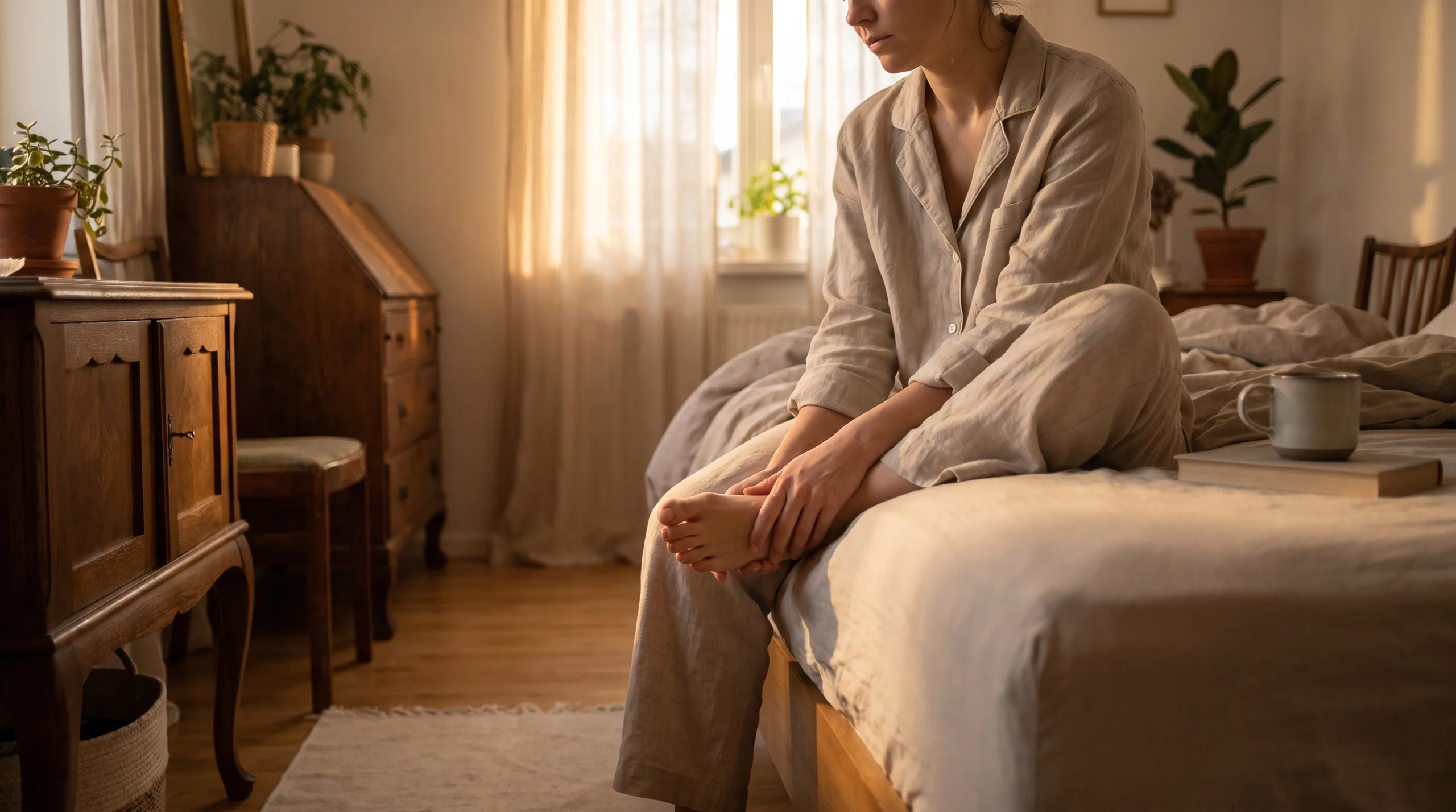 A person feeling first-step heel discomfort in the morning