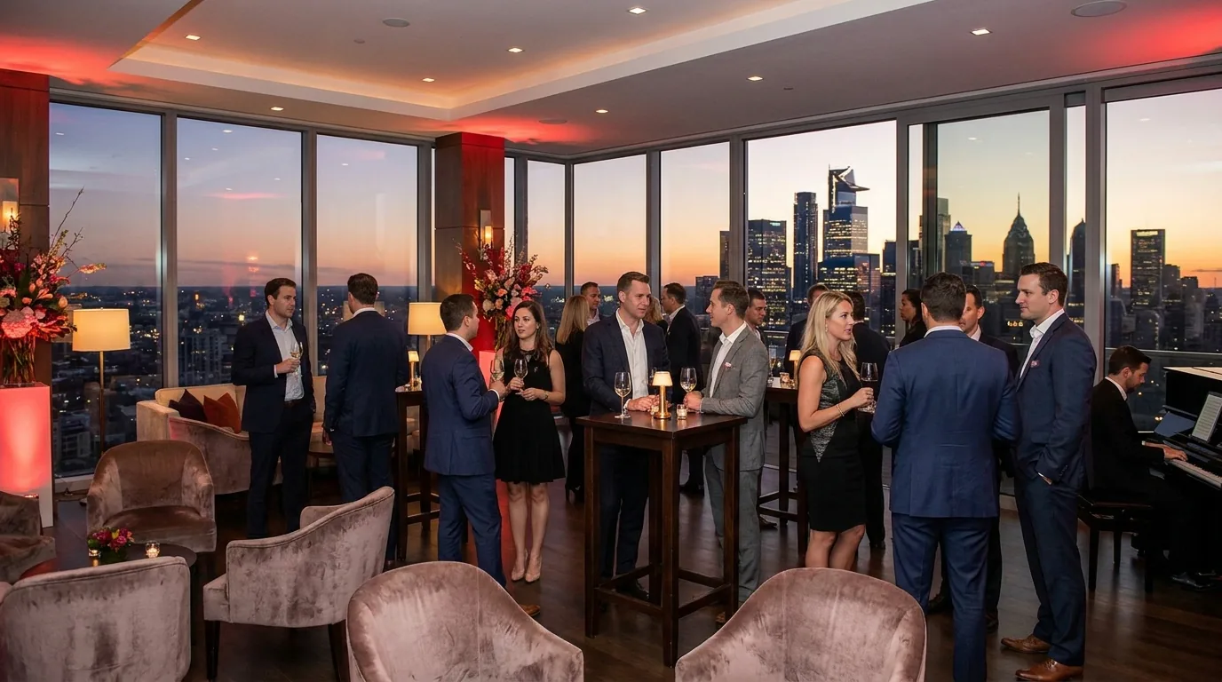 Real estate networking event in a luxury penthouse