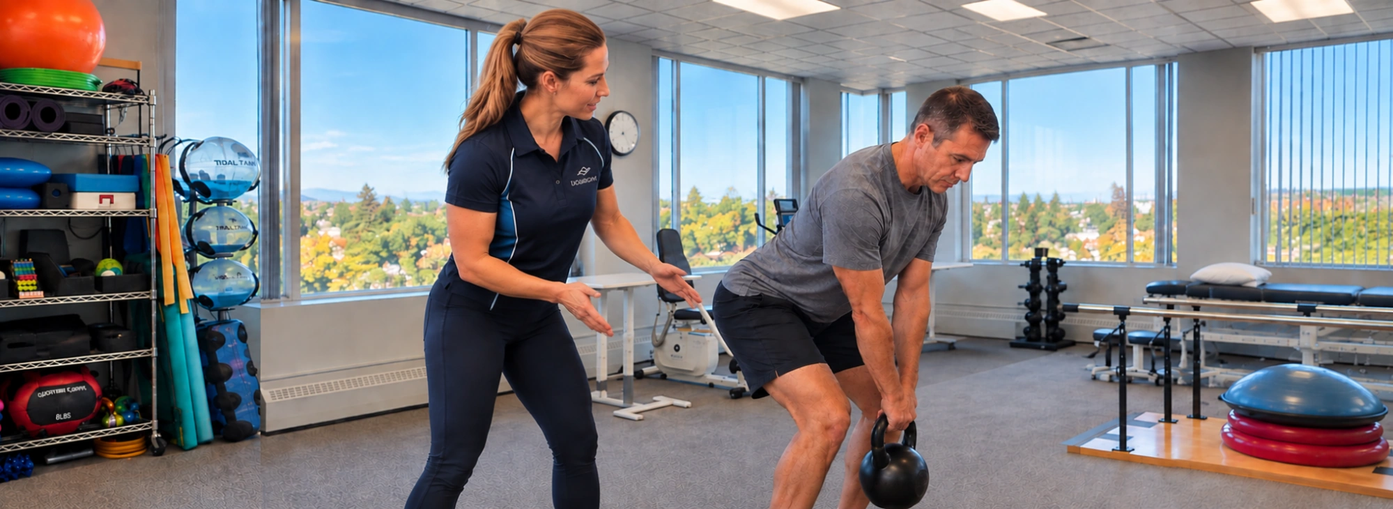 A kinesiologist guiding a client through a controlled kettlebell movement at the LiquidGym clinic