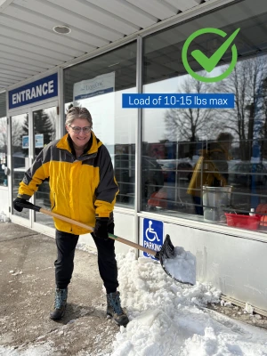 Pushing snow with a shovel, keeping the load to 10-15 lbs