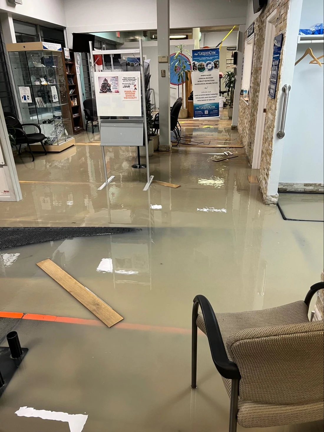 Flood water across the clinic floor