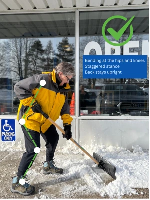 Shovelling with a staggered stance, bending at the hips and knees, back upright