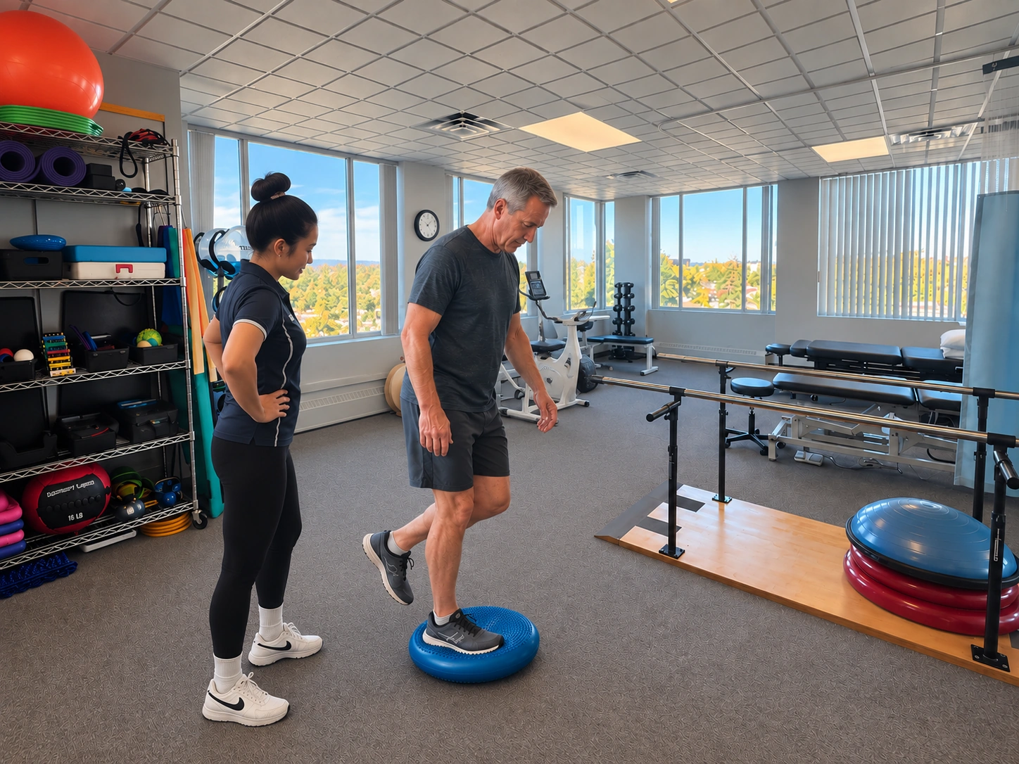 A physiotherapist guiding a patient through a balance exercise