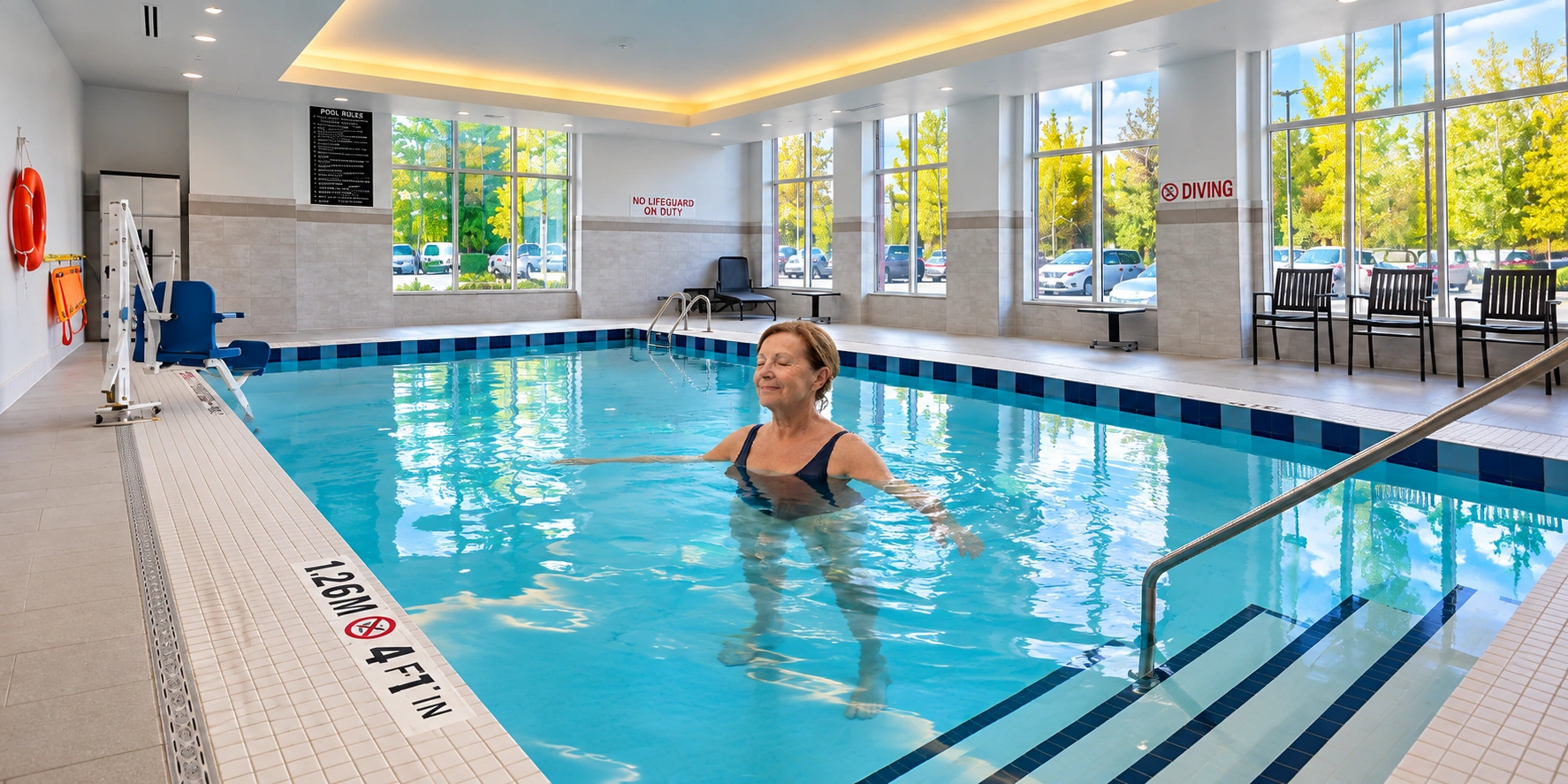 A patient standing chest-deep in the therapy pool