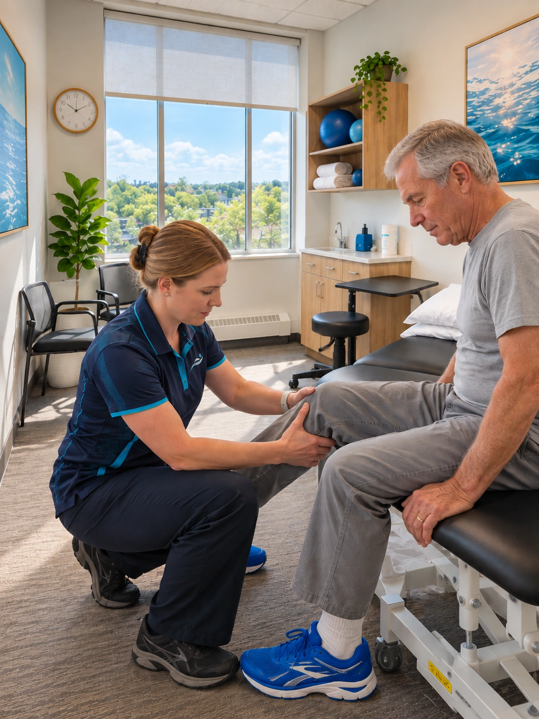 A physiotherapist assessing a patient's knee joint
