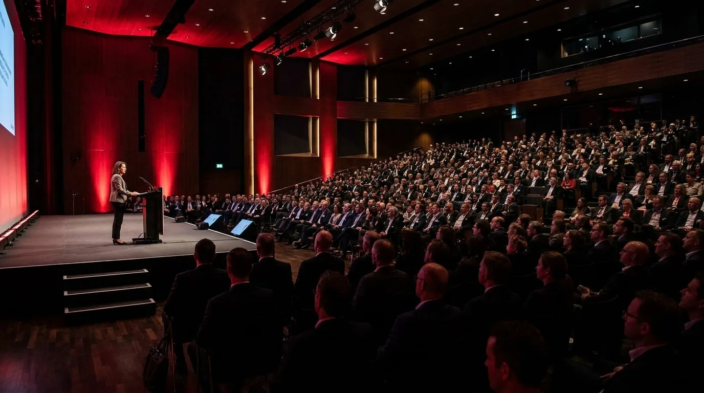 Yasmine speaking on stage at a real estate leadership event