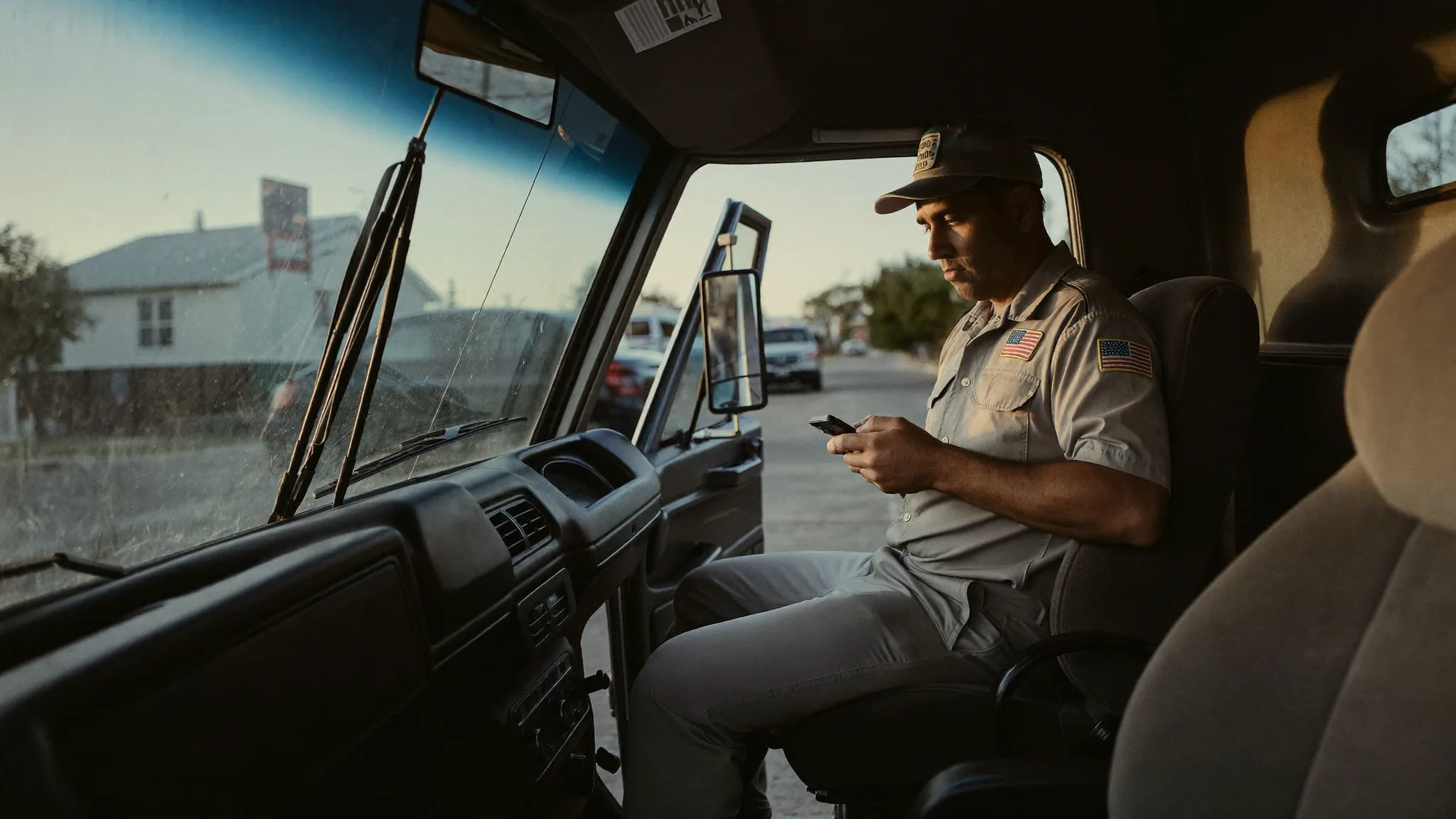 An HVAC service technician sitting in the cab of his service truck at end of day