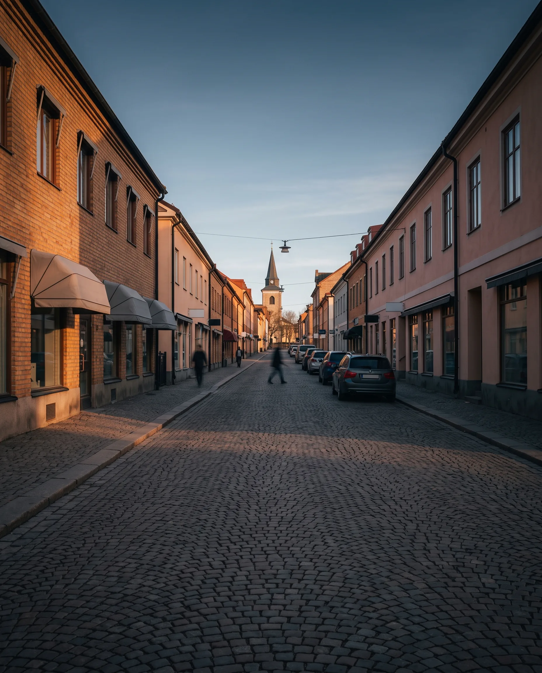 A quiet Swedish town main street at golden hour — the kind of place the method is designed for.