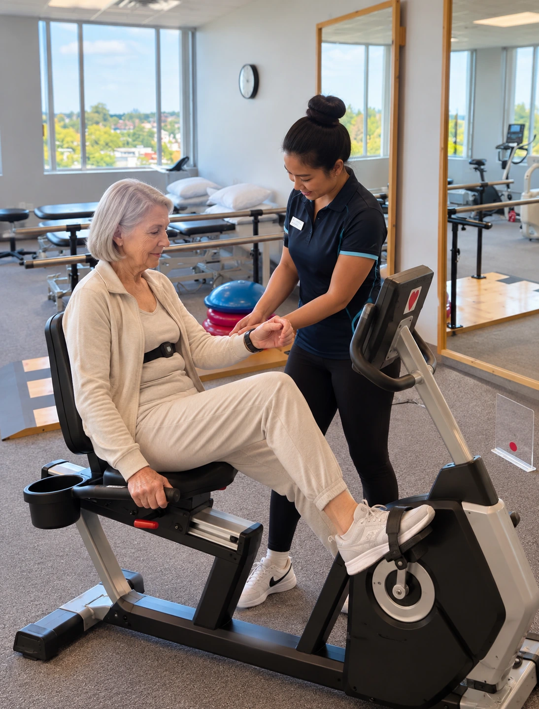 A therapist monitoring exercise intensity safely