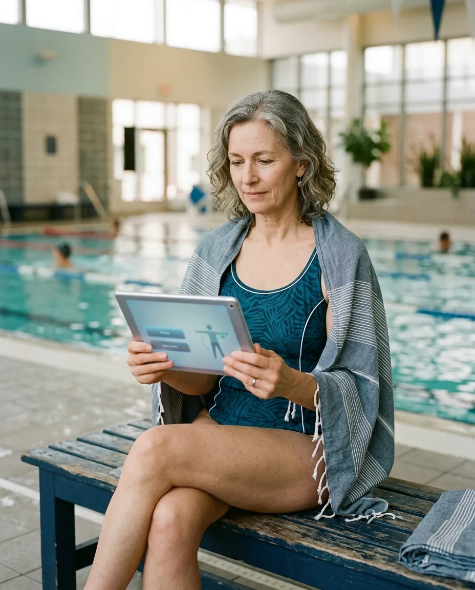 A member reviewing her guided water session on a tablet at the poolside