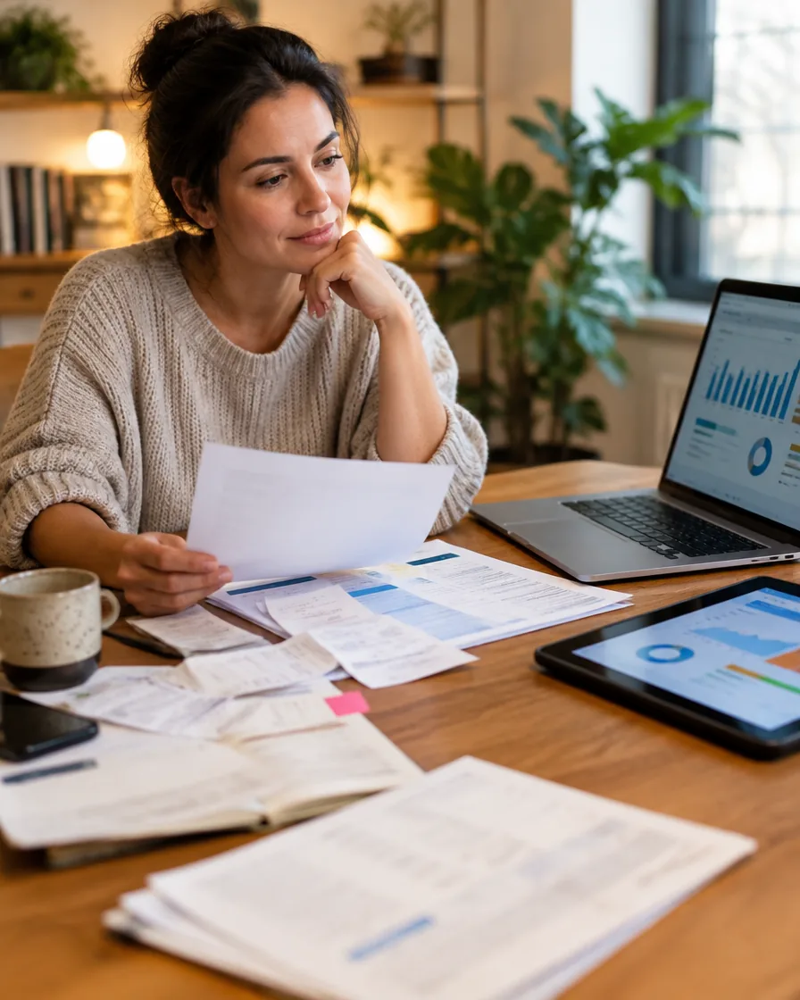 A business owner at a desk reviewing paperwork and disconnected tools bought one at a time