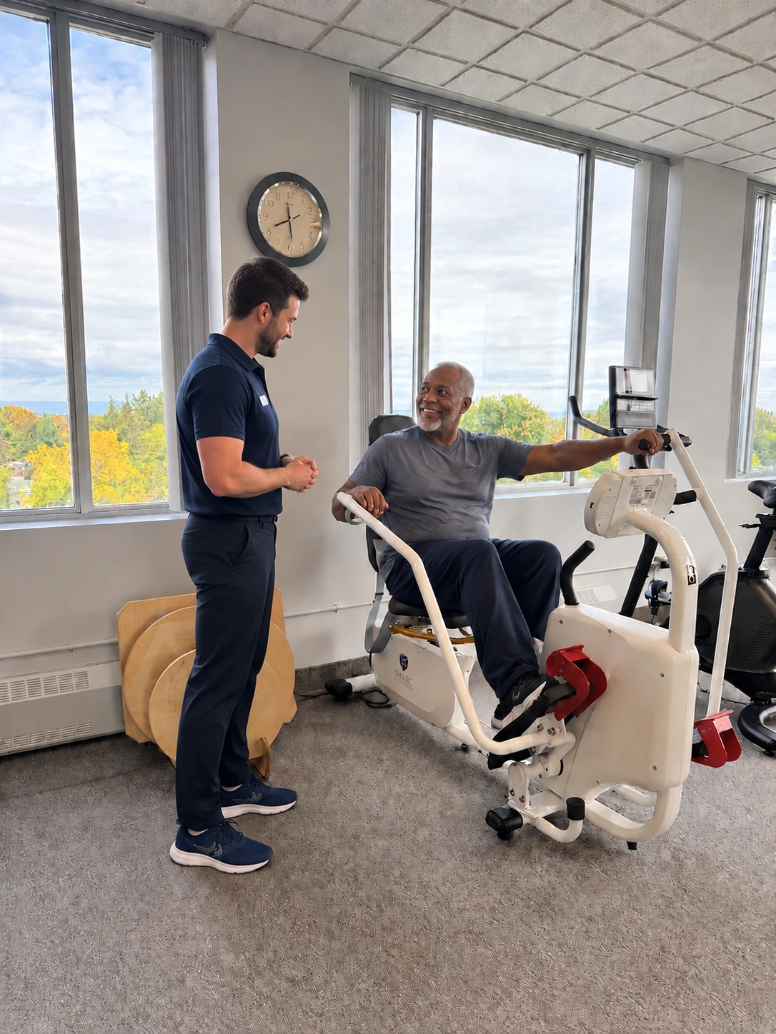 A kinesiologist talking with a client on a recumbent trainer