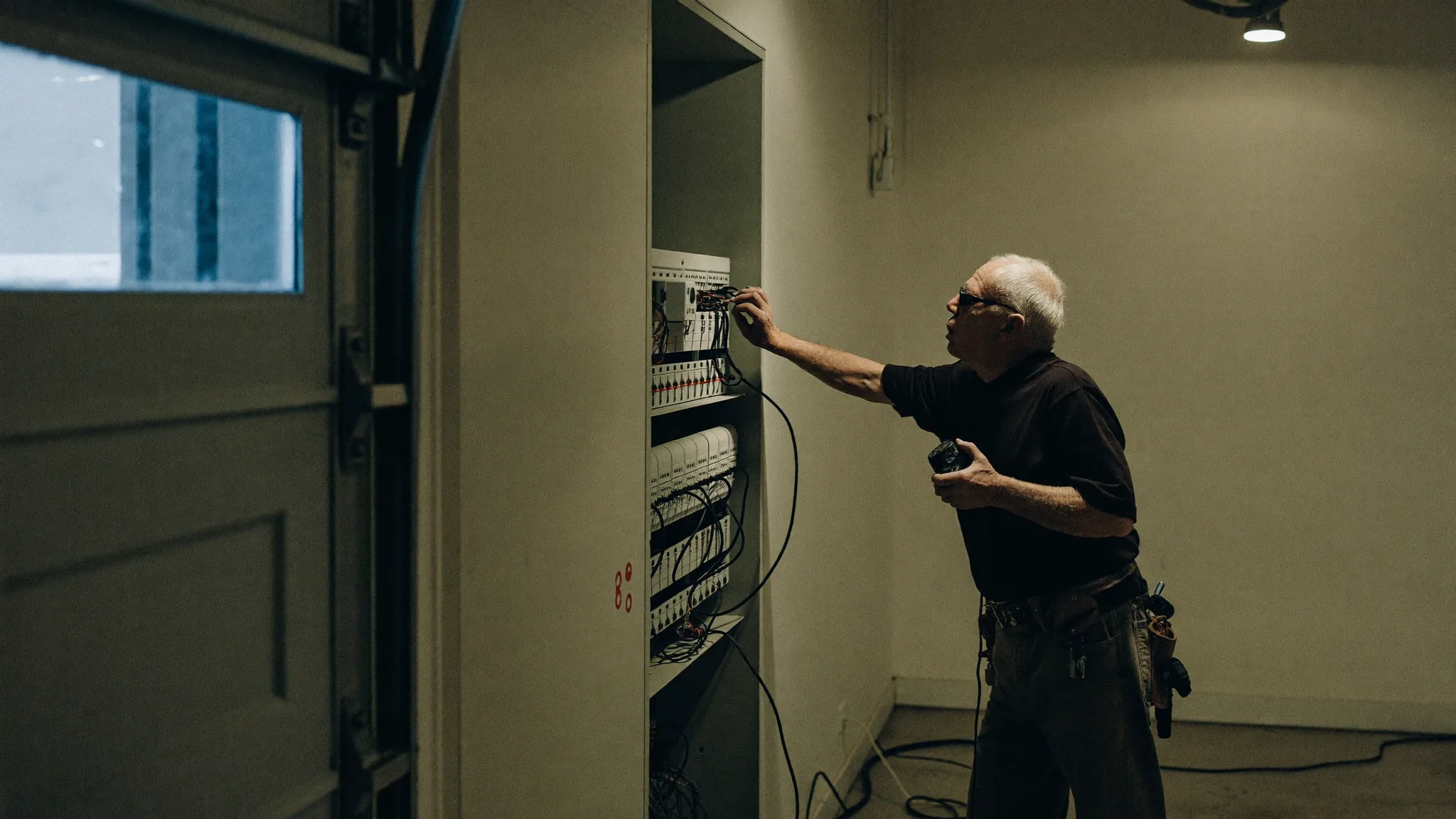 An older electrical contractor at an open breaker panel in a residential garage