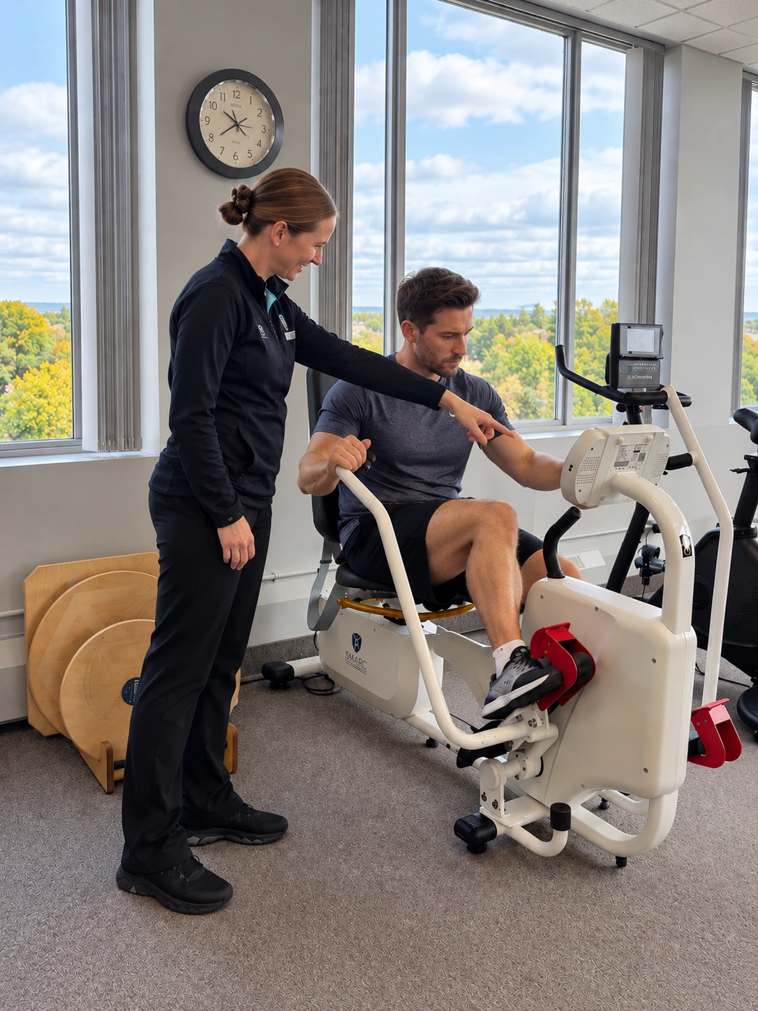 A therapist guiding a patient on a recumbent trainer during land-based rehabilitation