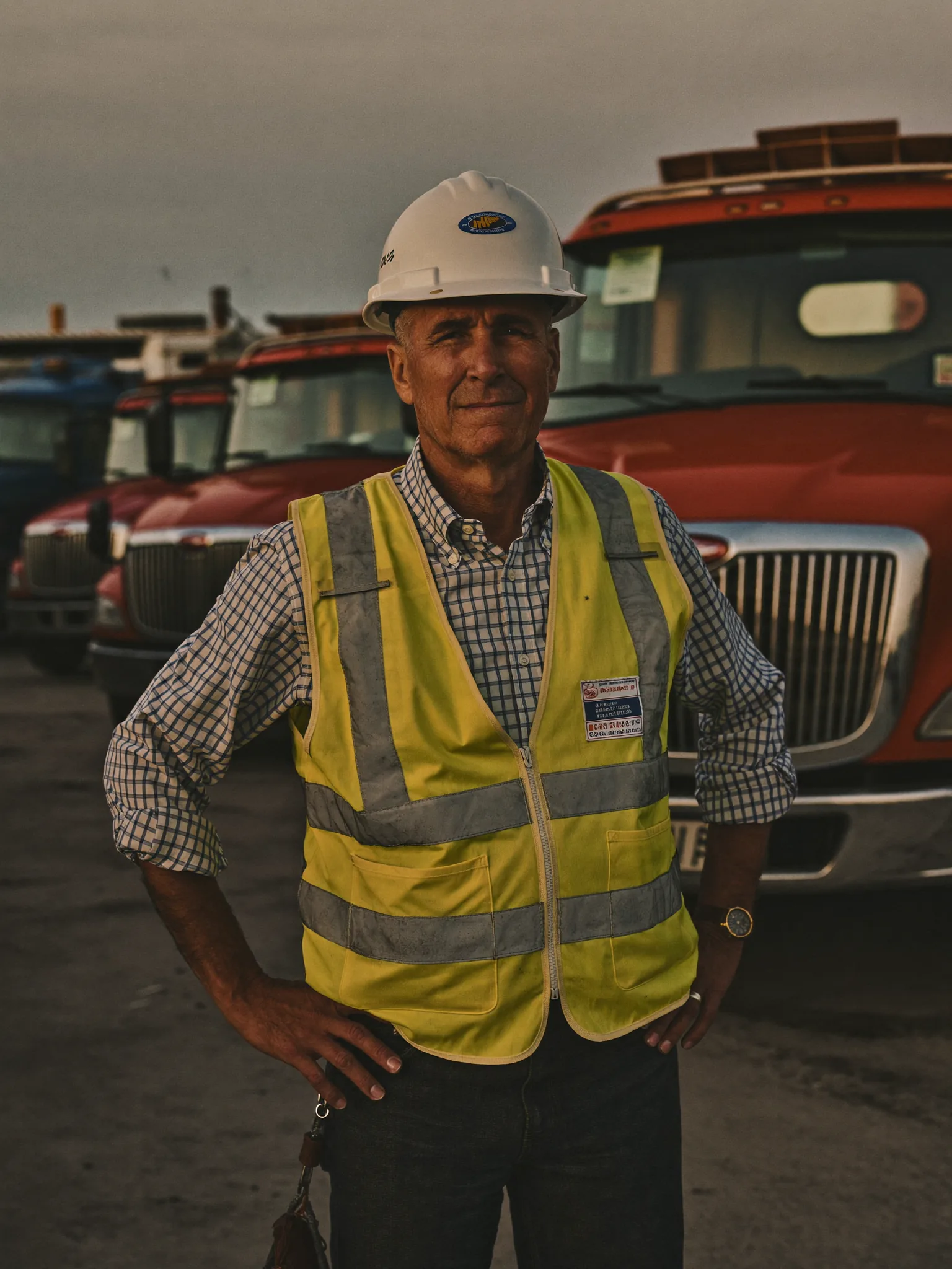 An electrical contractor in front of a row of parked service trucks
