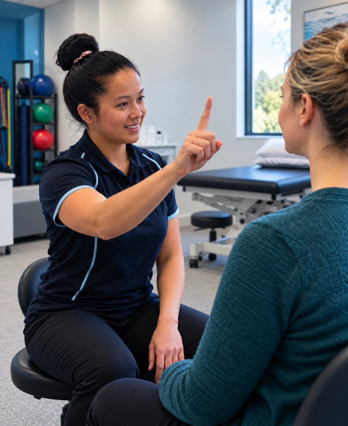 A physiotherapist guiding a vestibular assessment