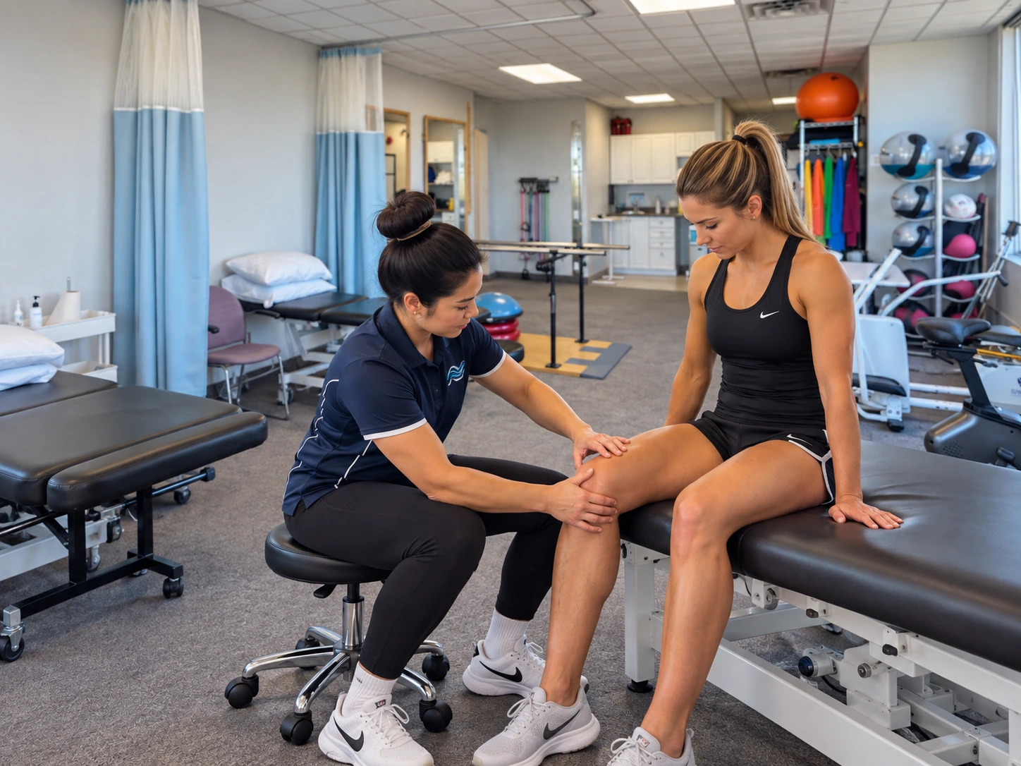 A physiotherapist assessing an athlete's knee injury on a treatment bed