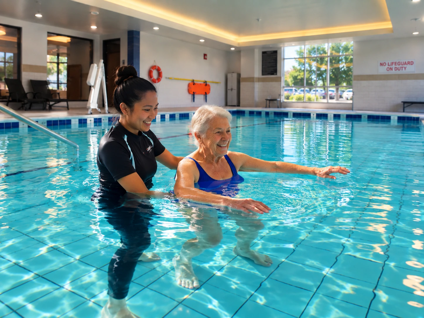 A therapist guiding a patient in the therapy pool