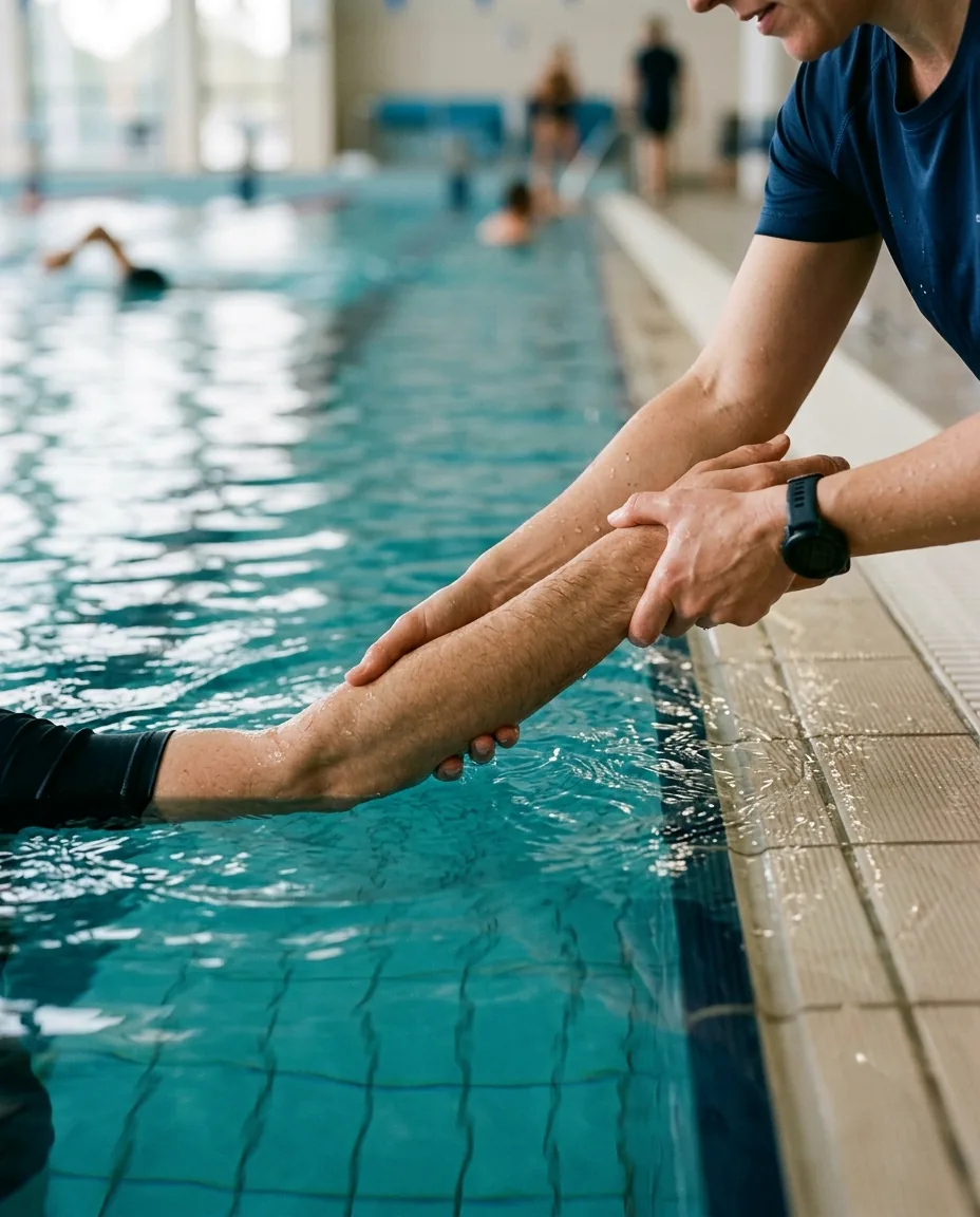 A therapist's hands guiding a patient's forearm at the water surface