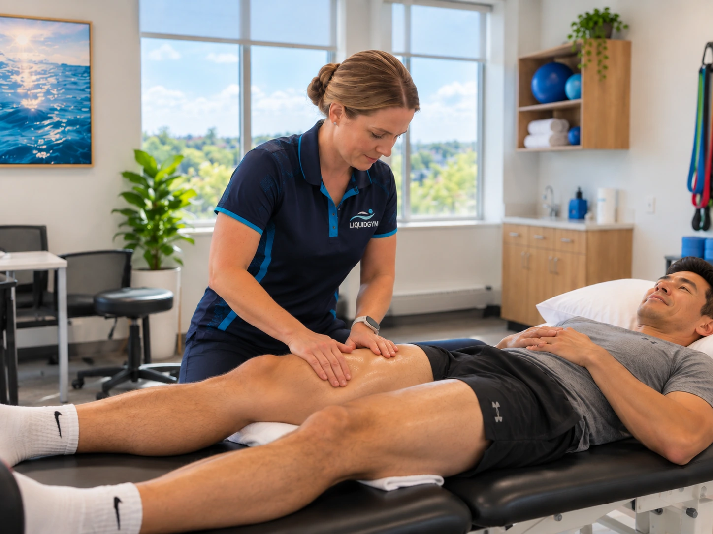 A therapist doing hands-on manual therapy on a patient's leg