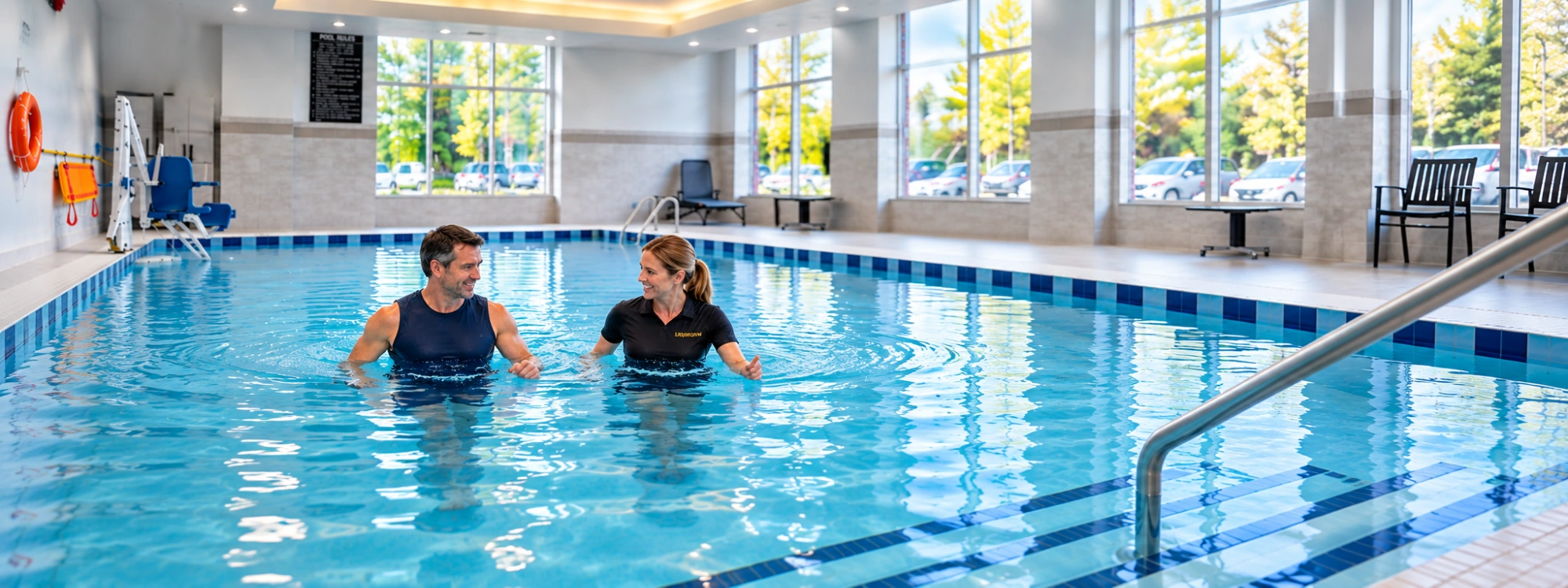 A therapist guiding a patient through paced exercise in the therapy pool